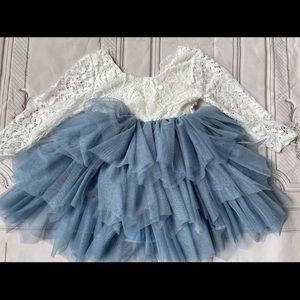 White and dusty blue infant lace and tulle dress